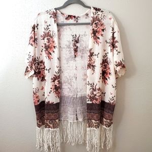 Social Teen Floral Rose Peony cover up cardigan with tassels
